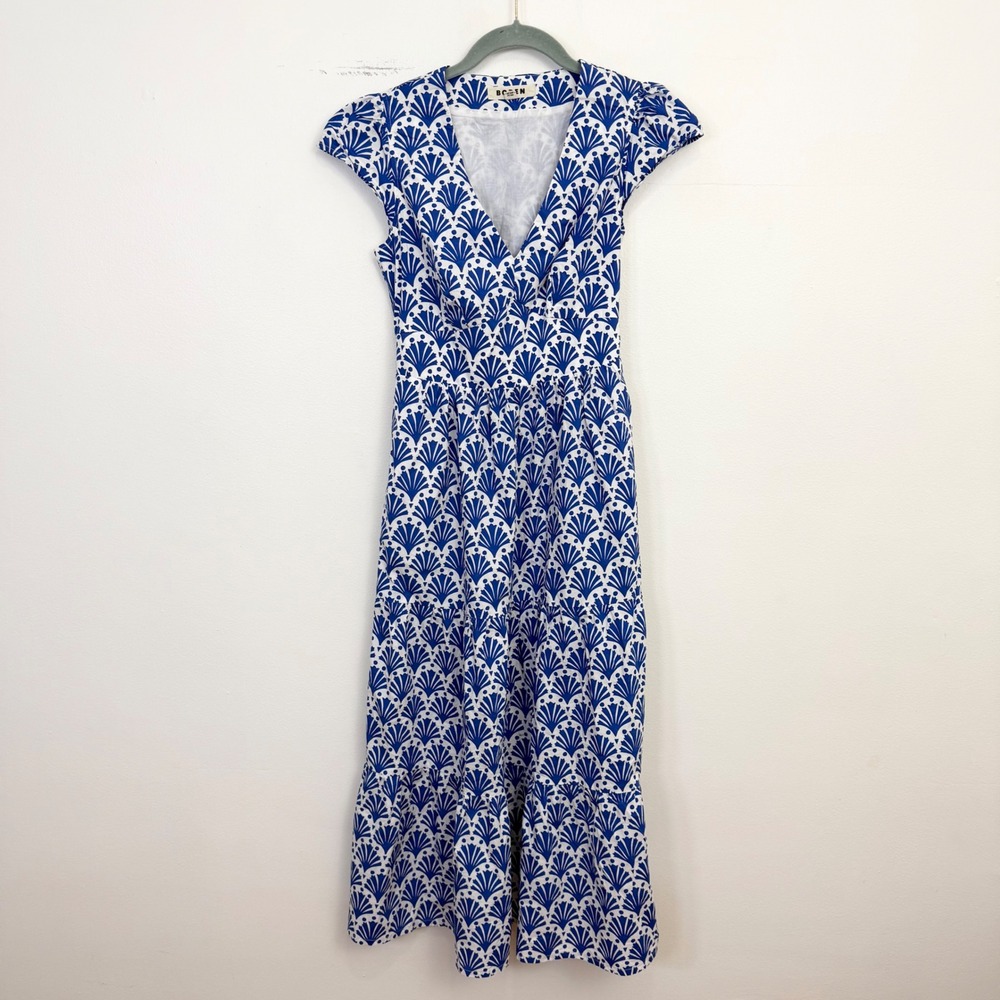 Boden May Shell Print Cotton Midi Dress Blue White Cap Sleeve Size US 4R UK 8R - Picture 3 of 7